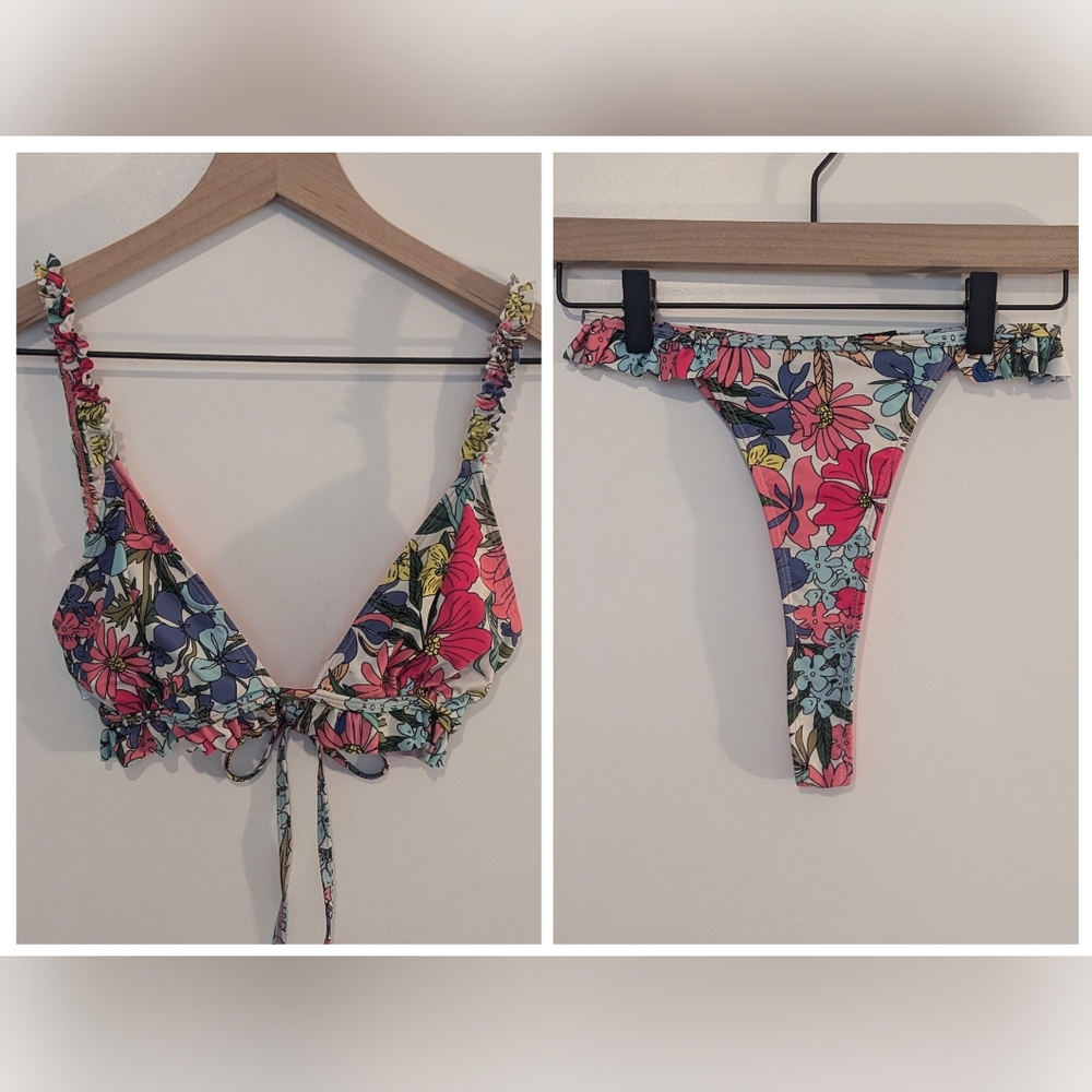 Nasty Gal Pink Purple Colorful Flower Print Bikini Set Frill Detail Size 0